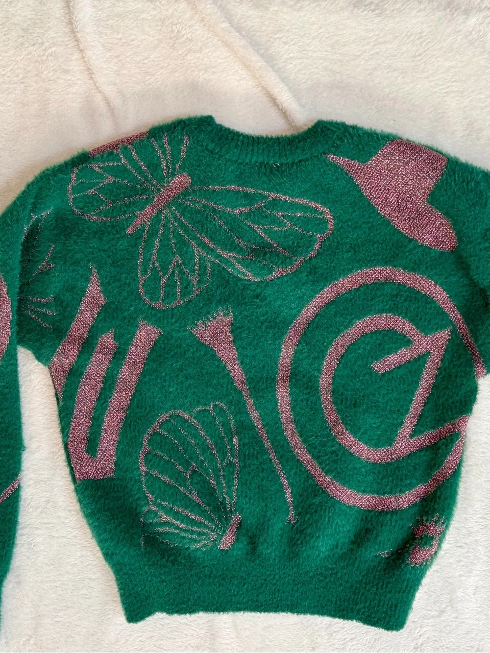 Wicked Girls’ Fuzzy Metallic Graphic Sweater Green Size M 7/8 NWOT